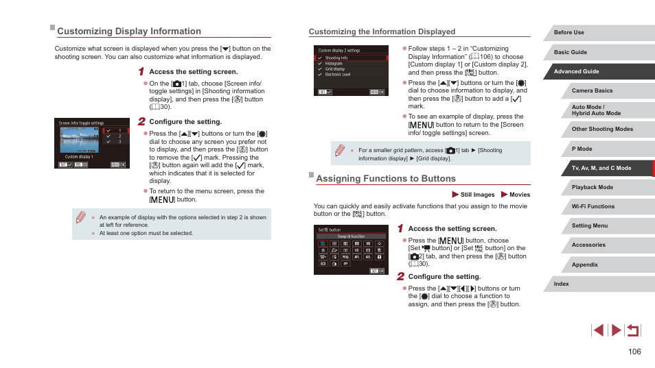 Customizing display information, Customizing the information displayed, Assigning functions to buttons | Movie button ( = 106) | Canon PowerShot G7 X Mark II User Manual | Page 106 / 225