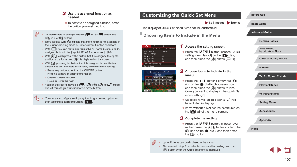 Customizing the quick set menu, Choosing items to include in the menu | Canon PowerShot G7 X Mark II User Manual | Page 107 / 225