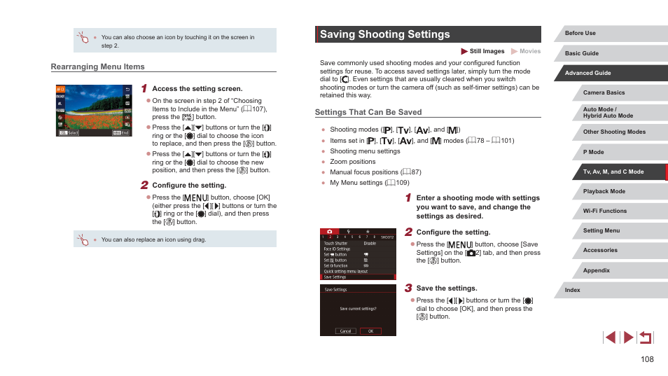 Rearranging menu items, Saving shooting settings, Settings that can be saved | Canon PowerShot G7 X Mark II User Manual | Page 108 / 225