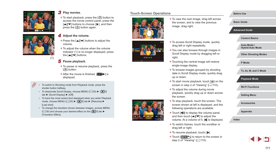 Touch-screen operations | Canon PowerShot G7 X Mark II User Manual | Page 111 / 225