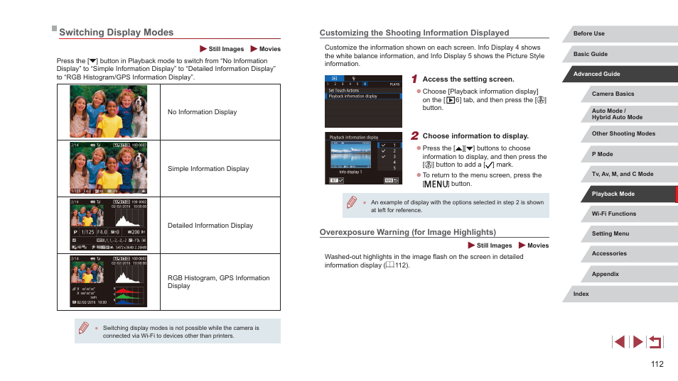 Overexposure warning (for image highlights), Switching display modes, Customizing the shooting information displayed | Canon PowerShot G7 X Mark II User Manual | Page 112 / 225