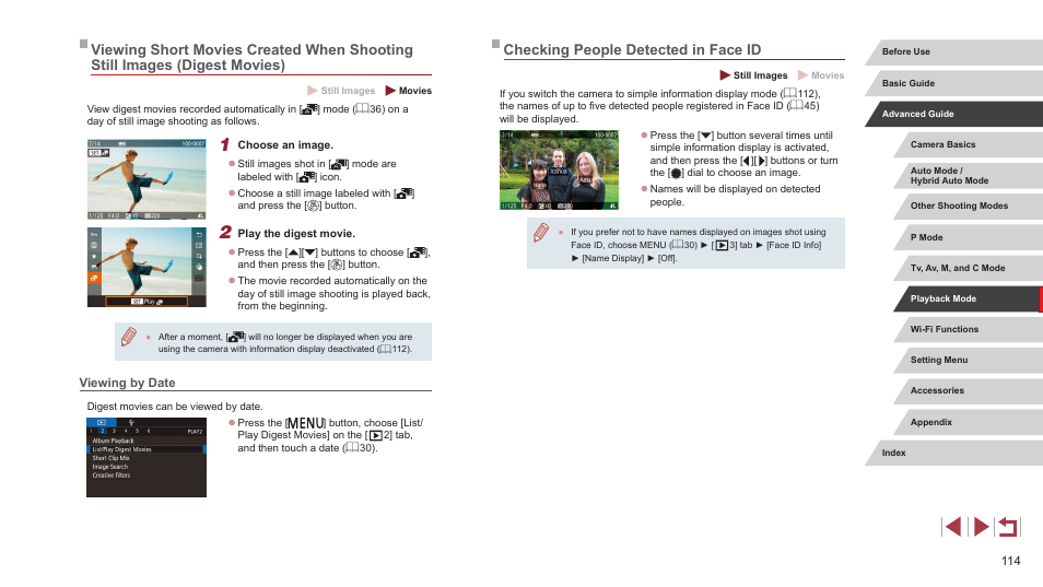 Viewing by date, Checking people detected in face id, Display their name (= 114), overwrite their info | Canon PowerShot G7 X Mark II User Manual | Page 114 / 225