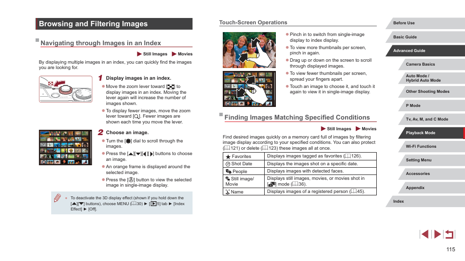 Browsing and filtering images, Navigating through images in an index, Touch-screen operations | Finding images matching specified conditions, Person among a large number of images (= 115), 115). in this case, images are | Canon PowerShot G7 X Mark II User Manual | Page 115 / 225