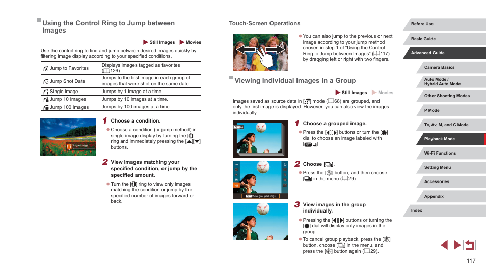 Using the control ring to jump between images, Touch-screen operations, Viewing individual images in a group | 117) and ungrouped (= 117), 117) or cancel grouping (= 117) first | Canon PowerShot G7 X Mark II User Manual | Page 117 / 225