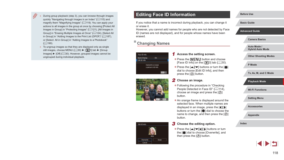 Editing face id information, Changing names, 118), magnifying | Canon PowerShot G7 X Mark II User Manual | Page 118 / 225