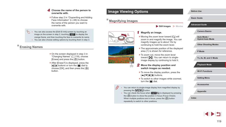Erasing names, Image viewing options, Magnifying images | Images” (= 119), and “v, Magnify them “magnifying images” (= 119) | Canon PowerShot G7 X Mark II User Manual | Page 119 / 225