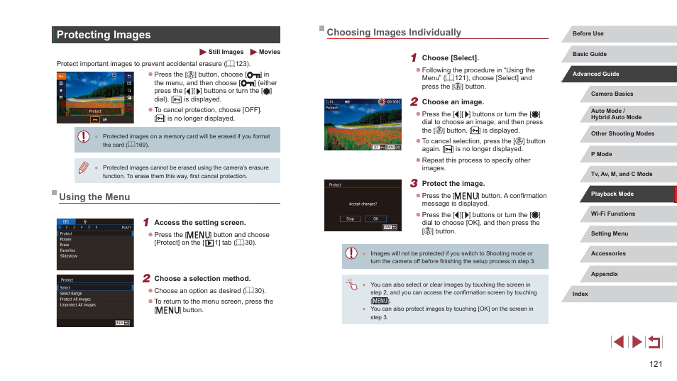 Protecting images, Using the menu choosing images individually, The digest movie is protected (= 121) | 121) a grouped image will protect all images in, 121) or delete, Choosing images individually, Using the menu | Canon PowerShot G7 X Mark II User Manual | Page 121 / 225