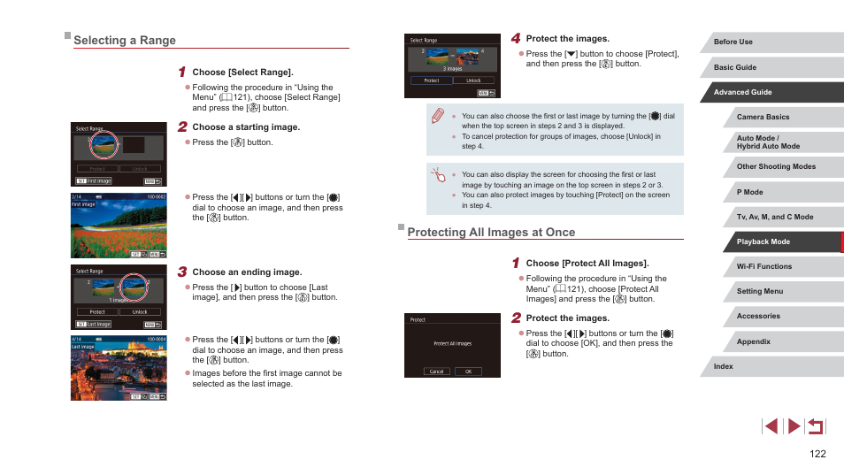 Selecting a range protecting all images at once, Protecting all images at once, Selecting a range | Canon PowerShot G7 X Mark II User Manual | Page 122 / 225