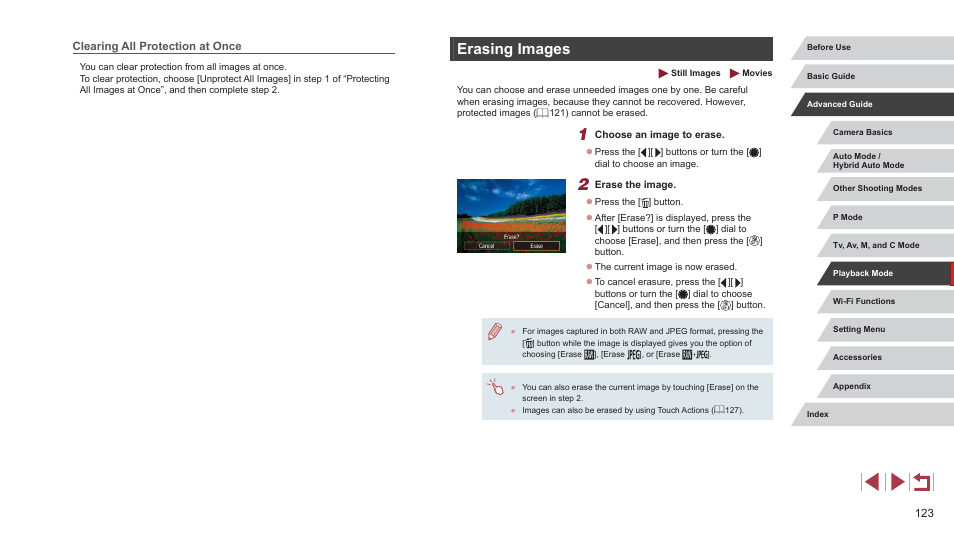 Clearing all protection at once, Erasing images, 123), all images in the group are also erased. be | 123) these images all at once | Canon PowerShot G7 X Mark II User Manual | Page 123 / 225