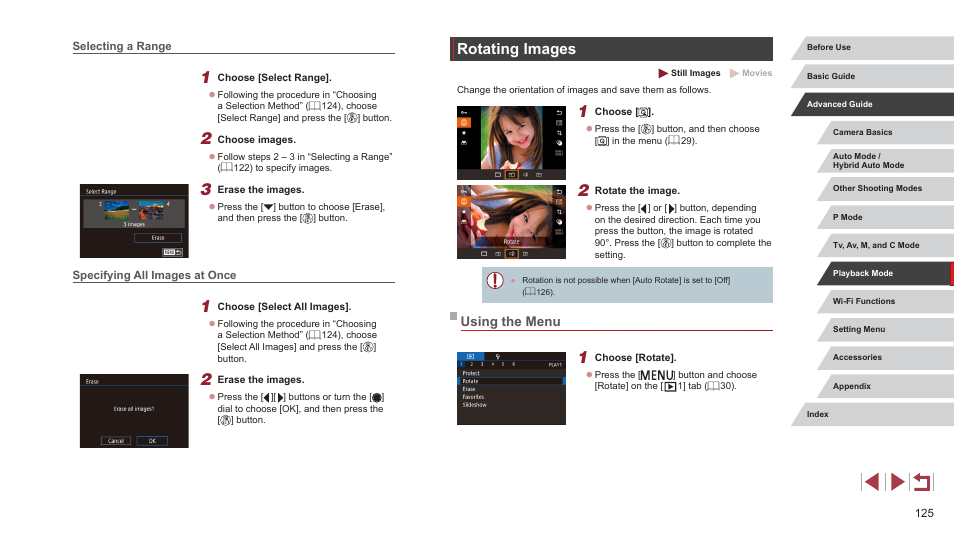 Selecting a range, Specifying all images at once, Rotating images | Using the menu | Canon PowerShot G7 X Mark II User Manual | Page 125 / 225
