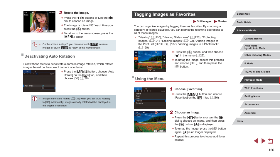 Deactivating auto rotation, Tagging images as favorites, Using the menu | Tagging as favorites (= 126), editing | Canon PowerShot G7 X Mark II User Manual | Page 126 / 225