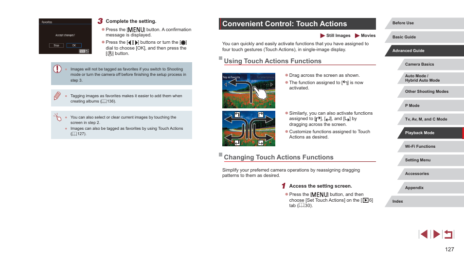 Convenient control: touch actions, Using touch actions functions, Changing touch actions functions | Canon PowerShot G7 X Mark II User Manual | Page 127 / 225