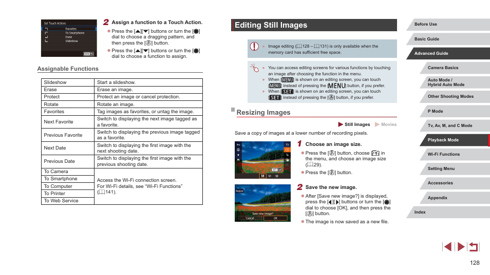 Assignable functions, Editing still images, Resizing images | 128), printing | Canon PowerShot G7 X Mark II User Manual | Page 128 / 225