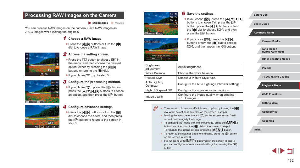 Processing raw images on the camera, Process images on the camera (= 132) or use the | Canon PowerShot G7 X Mark II User Manual | Page 132 / 225
