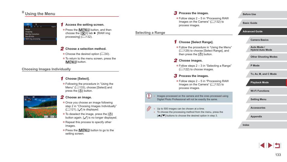 Using the menu, Choosing images individually selecting a range | Canon PowerShot G7 X Mark II User Manual | Page 133 / 225