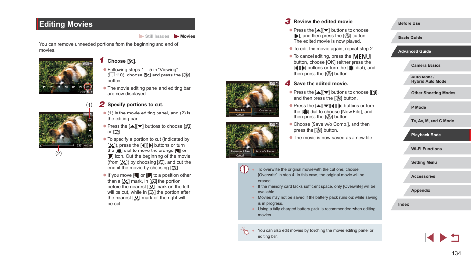 Editing movies | Canon PowerShot G7 X Mark II User Manual | Page 134 / 225
