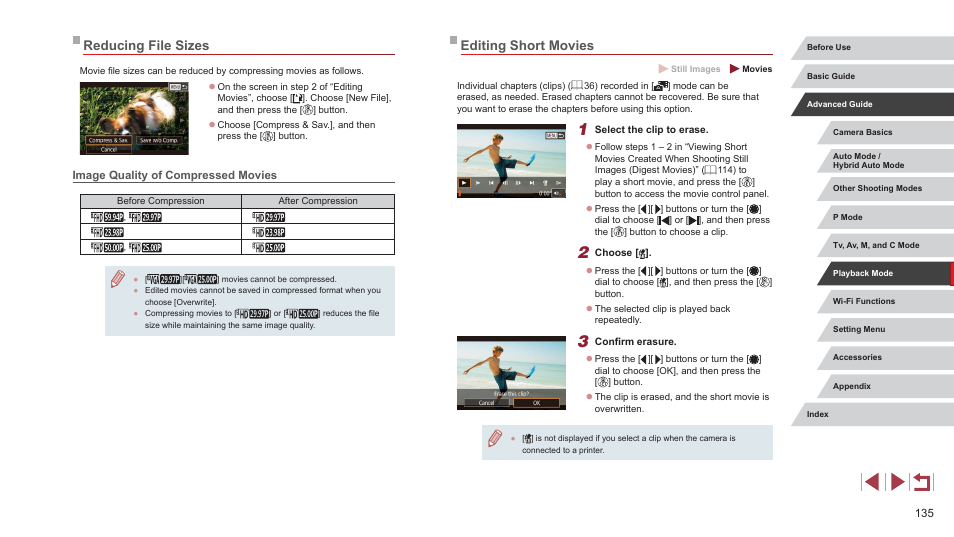 Reducing file sizes, Image quality of compressed movies, Editing short movies | Canon PowerShot G7 X Mark II User Manual | Page 135 / 225