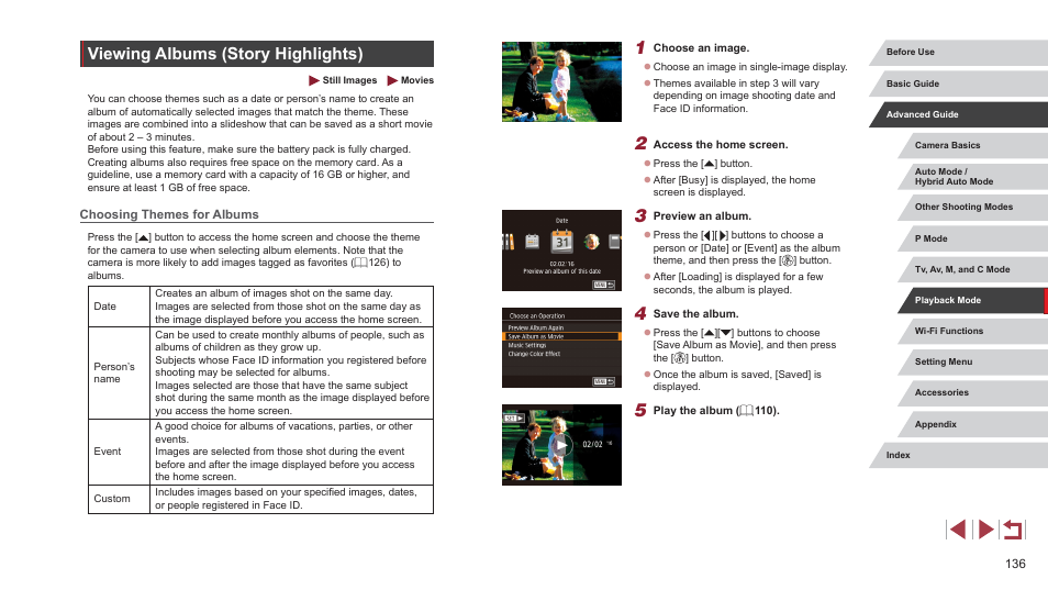 Viewing albums (story highlights), Choosing themes for albums | Canon PowerShot G7 X Mark II User Manual | Page 136 / 225