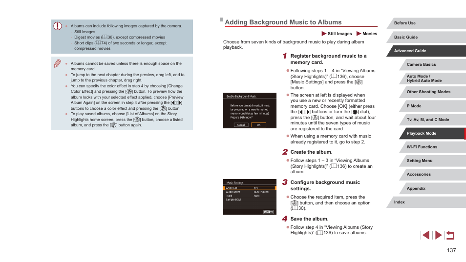 Adding background music to albums | Canon PowerShot G7 X Mark II User Manual | Page 137 / 225