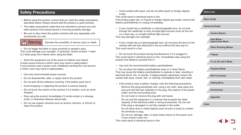 Safety precautions, Warning | Canon PowerShot G7 X Mark II User Manual | Page 14 / 225