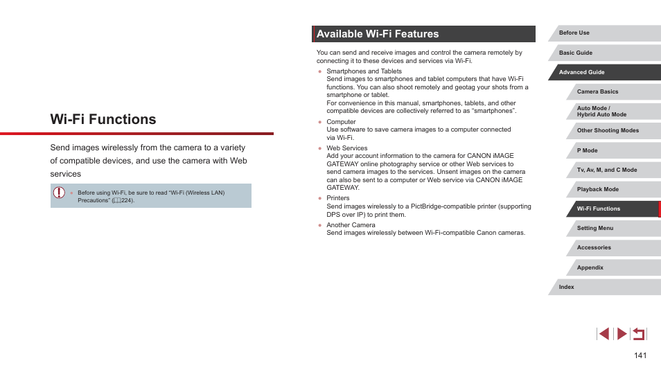 Wi-fi functions, Available wi-fi features | Canon PowerShot G7 X Mark II User Manual | Page 141 / 225