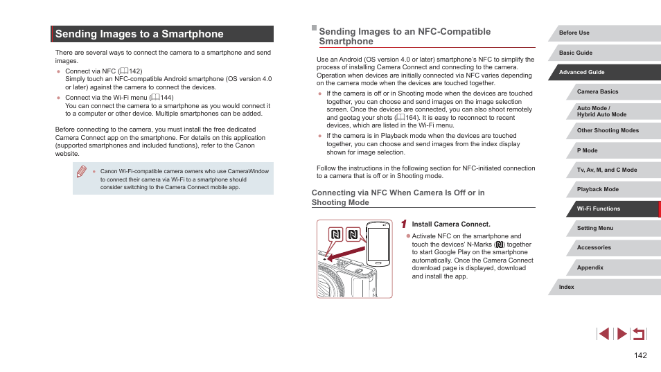 Sending images to a smartphone, Sending images to an nfc-compatible smartphone | Canon PowerShot G7 X Mark II User Manual | Page 142 / 225