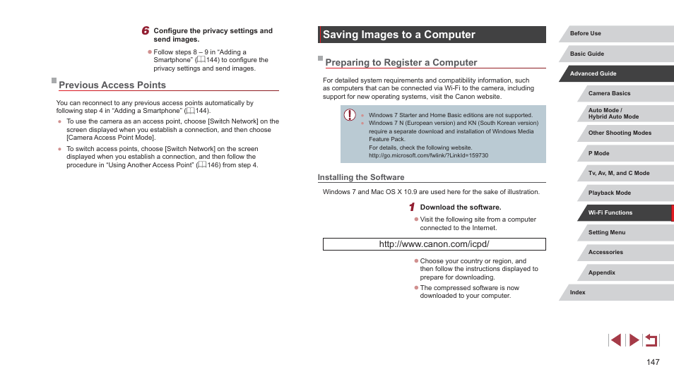 Previous access points, Saving images to a computer, Preparing to register a computer | Installing the software | Canon PowerShot G7 X Mark II User Manual | Page 147 / 225