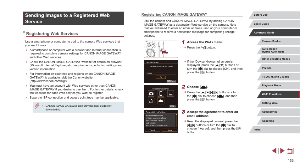 Sending images to a registered web service, Registering web services, Registering canon image gateway | Canon PowerShot G7 X Mark II User Manual | Page 153 / 225