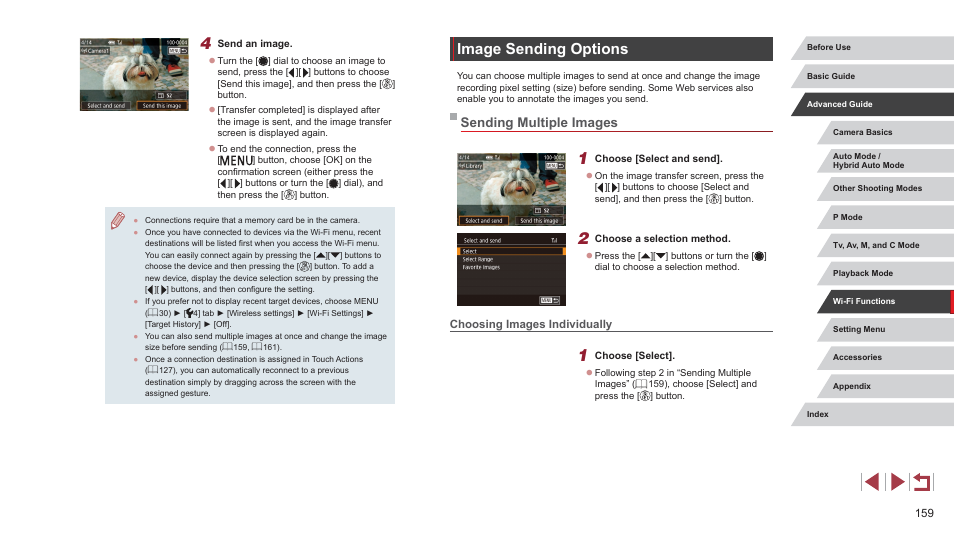 Image sending options, Sending multiple images, Choosing images individually | Size before sending (= 159) | Canon PowerShot G7 X Mark II User Manual | Page 159 / 225