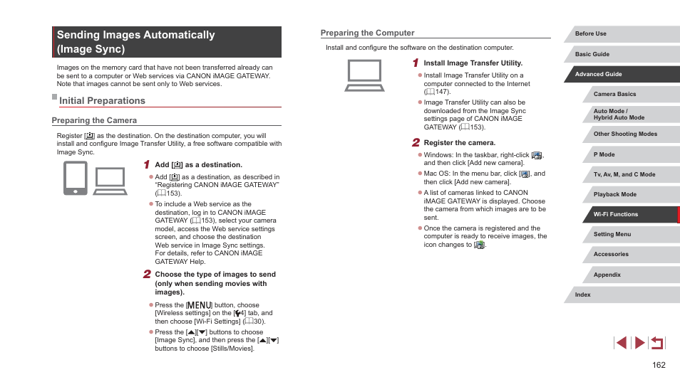 Sending images automatically (image sync), Initial preparations, Preparing the camera preparing the computer | 162) and canon image | Canon PowerShot G7 X Mark II User Manual | Page 162 / 225