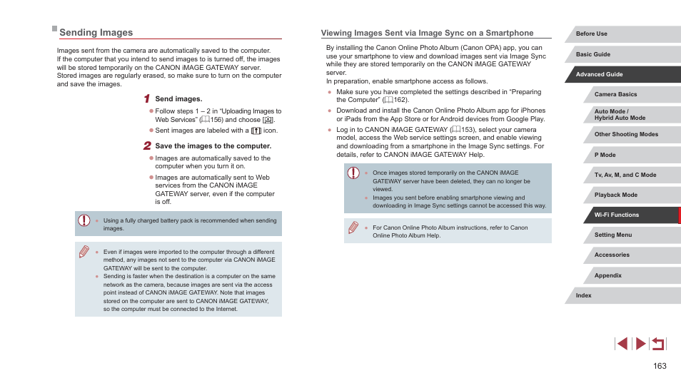 Sending images, Viewing images sent via image sync on a smartphone | Canon PowerShot G7 X Mark II User Manual | Page 163 / 225