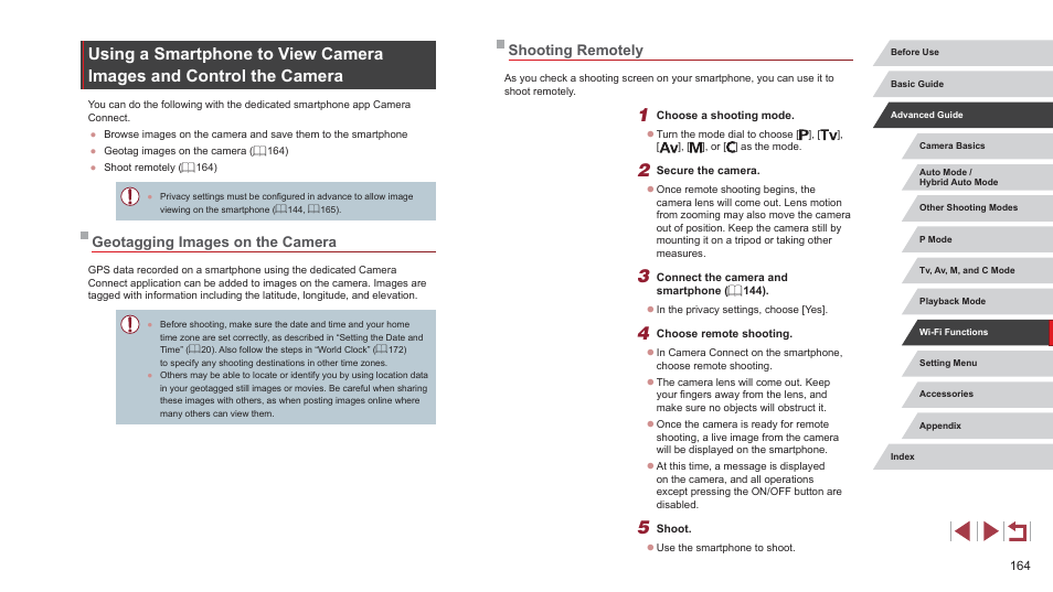 Geotagging images on the camera shooting remotely, 164) function can be used to avoid camera, Shooting remotely | Geotagging images on the camera | Canon PowerShot G7 X Mark II User Manual | Page 164 / 225