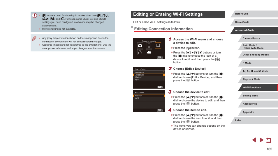 Editing or erasing wi-fi settings, Editing connection information | Canon PowerShot G7 X Mark II User Manual | Page 165 / 225