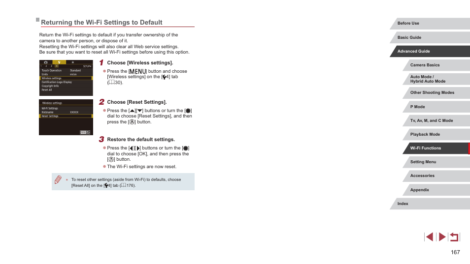 Returning the wi-fi settings to default | Canon PowerShot G7 X Mark II User Manual | Page 167 / 225