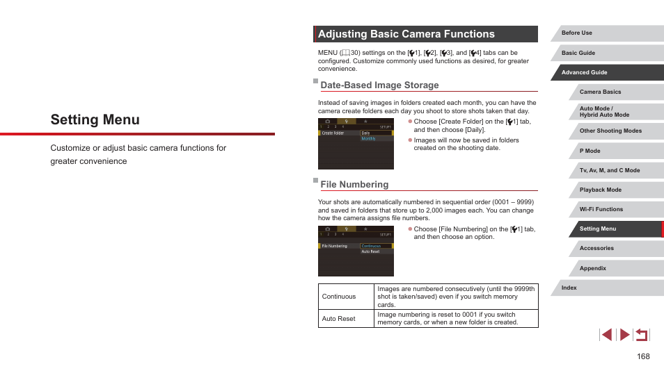 Setting menu, Adjusting basic camera functions, Date-based image storage file numbering | Date-based image storage, File numbering | Canon PowerShot G7 X Mark II User Manual | Page 168 / 225