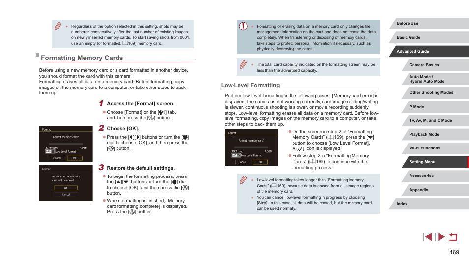 Formatting memory cards, Low-level formatting | Canon PowerShot G7 X Mark II User Manual | Page 169 / 225