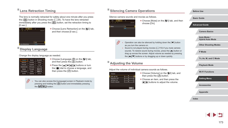 Silencing camera operations, Adjusting the volume, Lens retraction timing | Display language | Canon PowerShot G7 X Mark II User Manual | Page 173 / 225