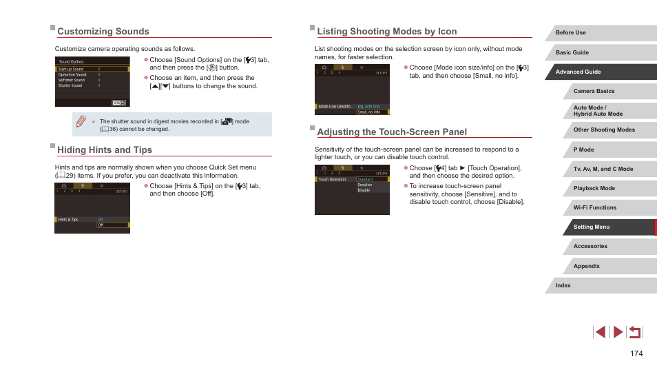 Or trigger the self-timer (= 174), Listing shooting modes by icon, Adjusting the touch-screen panel | Customizing sounds, Hiding hints and tips | Canon PowerShot G7 X Mark II User Manual | Page 174 / 225