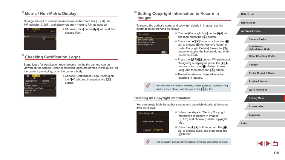 Deleting all copyright information, Setting copyright information to record in images, Metric / non-metric display | Checking certification logos | Canon PowerShot G7 X Mark II User Manual | Page 175 / 225