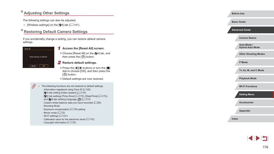 Adjusting other settings, Restoring default camera settings | Canon PowerShot G7 X Mark II User Manual | Page 176 / 225