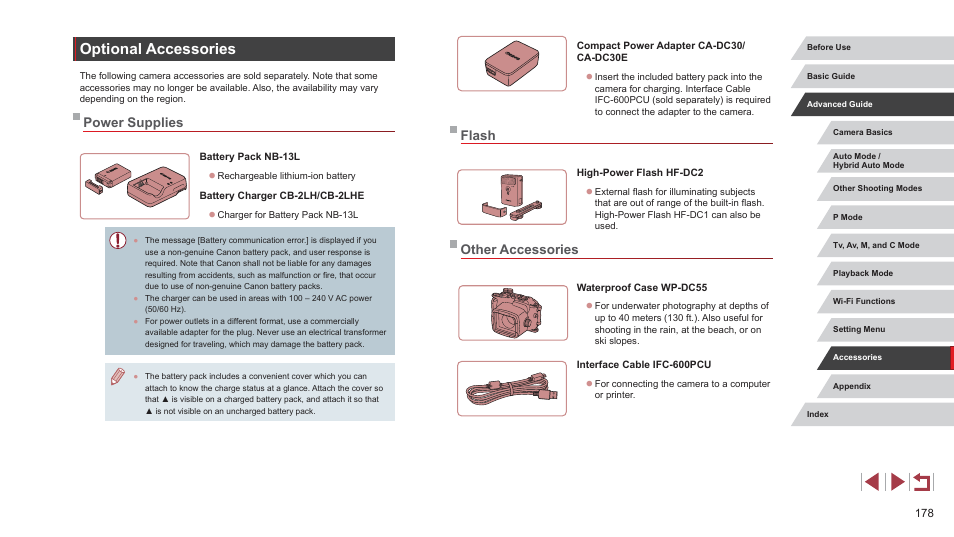 Optional accessories, Power supplies flash other accessories, Flash | Other accessories, Power supplies | Canon PowerShot G7 X Mark II User Manual | Page 178 / 225