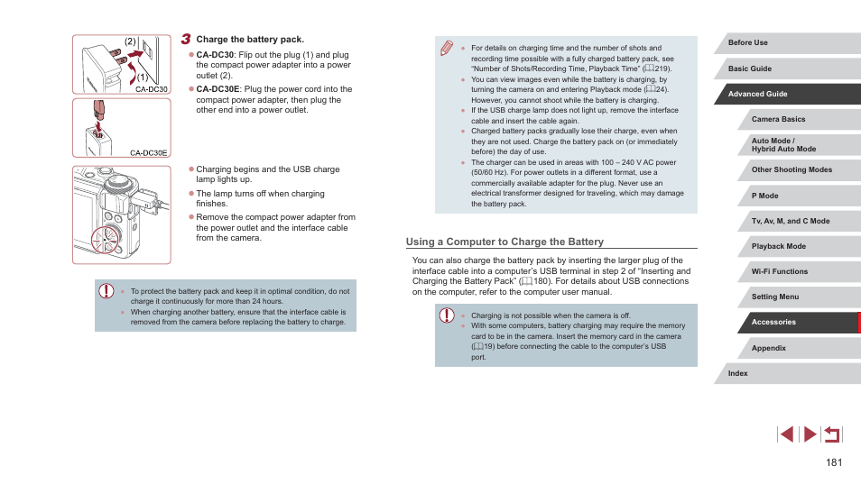 Using a computer to charge the battery | Canon PowerShot G7 X Mark II User Manual | Page 181 / 225