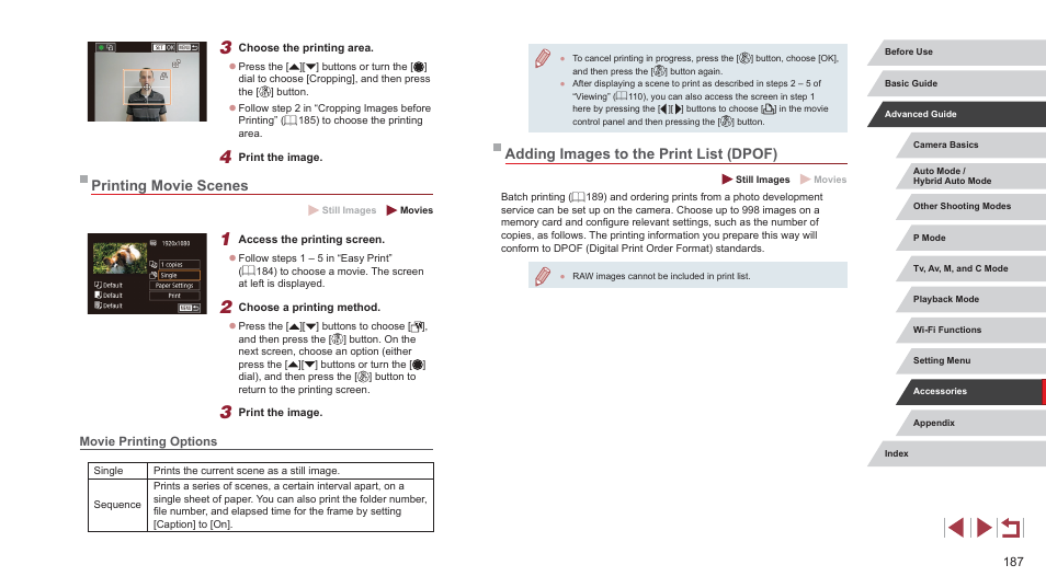 Printing movie scenes, Movie printing options, Adding images to the print list (dpof) | Canon PowerShot G7 X Mark II User Manual | Page 187 / 225