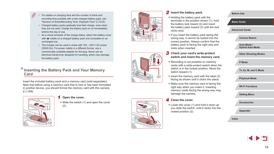 Inserting the battery pack and your memory card | Canon PowerShot G7 X Mark II User Manual | Page 19 / 225