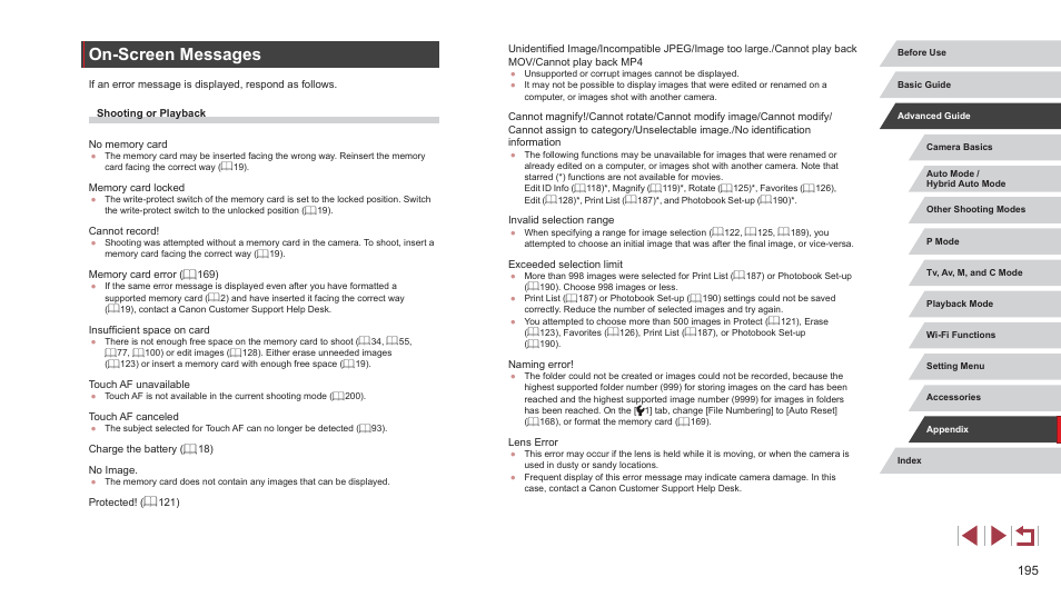 On-screen messages | Canon PowerShot G7 X Mark II User Manual | Page 195 / 225