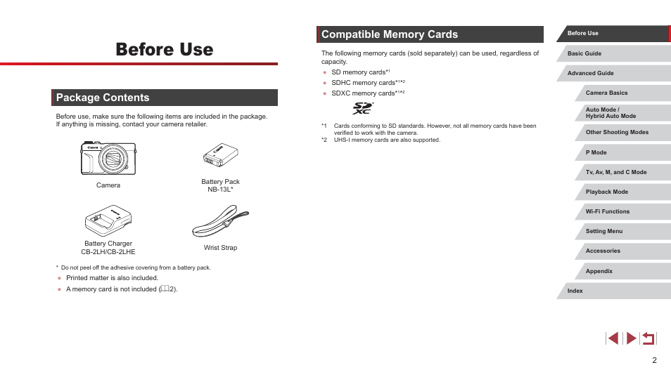 Before use, Package contents | Canon PowerShot G7 X Mark II User Manual | Page 2 / 225