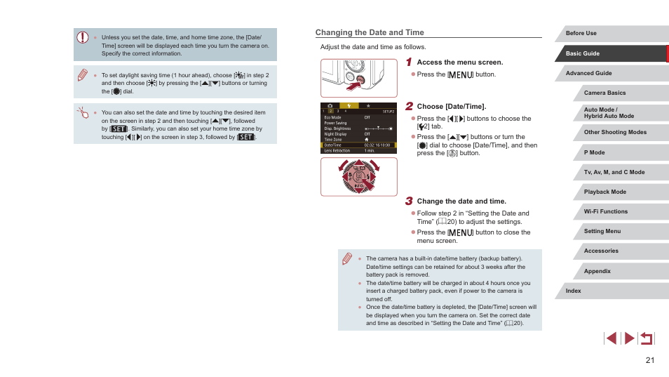 Changing the date and time | Canon PowerShot G7 X Mark II User Manual | Page 21 / 225