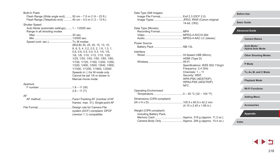 218) and “changing the iso speed | Canon PowerShot G7 X Mark II User Manual | Page 218 / 225