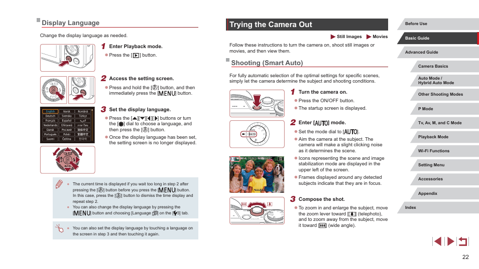 Display language, Trying the camera out, Shooting (smart auto) | Canon PowerShot G7 X Mark II User Manual | Page 22 / 225