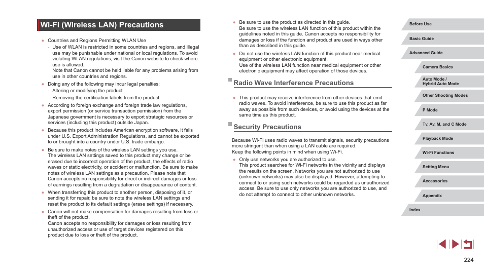 Wi-fi (wireless lan) precautions, Radio wave interference precautions, Security precautions | Canon PowerShot G7 X Mark II User Manual | Page 224 / 225